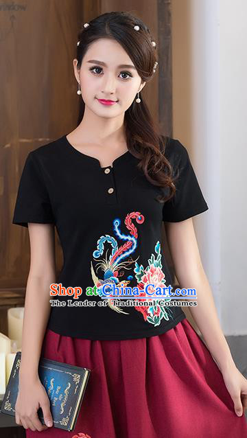 Traditional Chinese National Costume, Elegant Hanfu Embroidery Phoenix Flowers Black T-Shirt, China Tang Suit Republic of China Chirpaur Blouse Cheong-sam Upper Outer Garment Qipao Shirts Clothing for Women