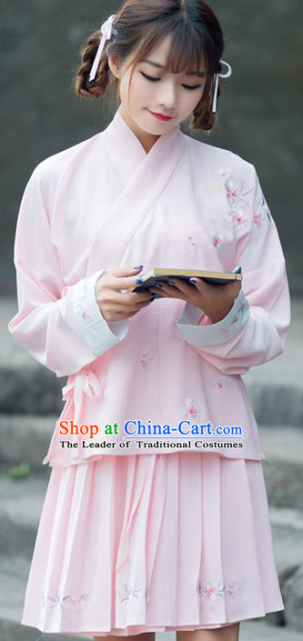 Traditional Ancient Chinese Costume, Elegant Hanfu Clothing Embroidered Slant Opening Pink Blouse, China Tang Dynasty Princess Elegant Blouse for Women