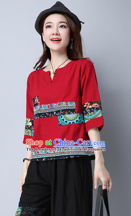 Traditional Chinese National Costume, Elegant Hanfu Round Collar Red T-Shirt, China Tang Suit Republic of China Chirpaur Blouse Cheong-sam Upper Outer Garment Qipao Shirts Clothing for Women
