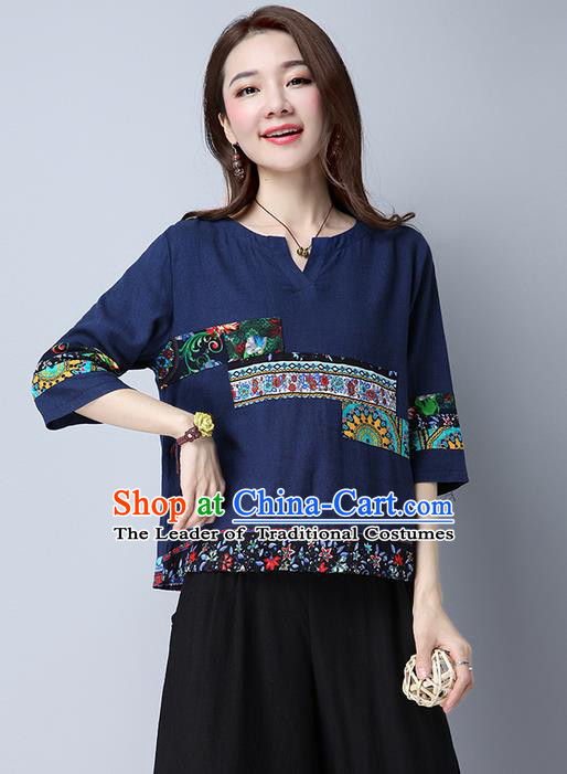 Traditional Chinese National Costume, Elegant Hanfu Round Collar Navy T-Shirt, China Tang Suit Republic of China Chirpaur Blouse Cheong-sam Upper Outer Garment Qipao Shirts Clothing for Women
