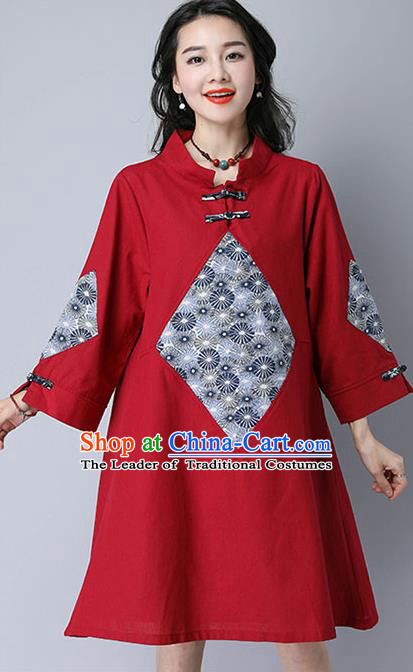Traditional Ancient Chinese National Costume, Elegant Hanfu Mandarin Qipao Linen Patch Red Dress, China Tang Suit Chirpaur Republic of China Cheongsam Upper Outer Garment Elegant Dress Clothing for Women