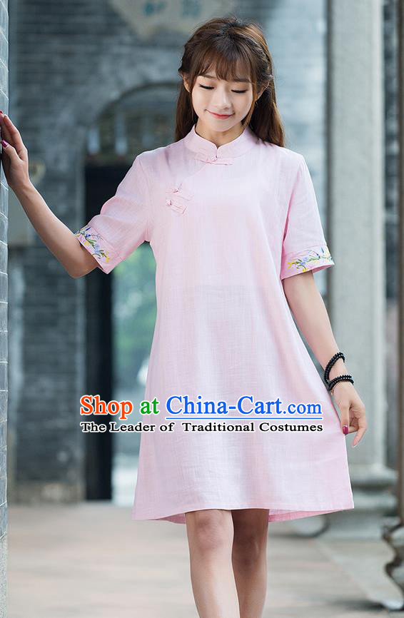 Traditional Ancient Chinese National Costume, Elegant Hanfu Mandarin Qipao Embroidery Sleeve Linen Pink Dress, China Tang Suit Chirpaur Republic of China Cheongsam Upper Outer Garment Elegant Dress Clothing for Women
