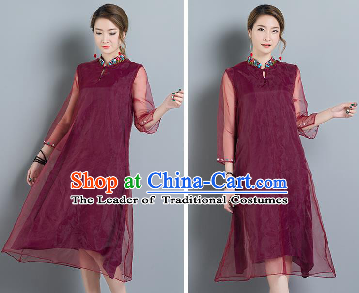 Traditional Ancient Chinese National Costume, Elegant Hanfu Mandarin Qipao Organza Red Dress, China Tang Suit Chirpaur Cheongsam Upper Outer Garment Elegant Dress Clothing for Women
