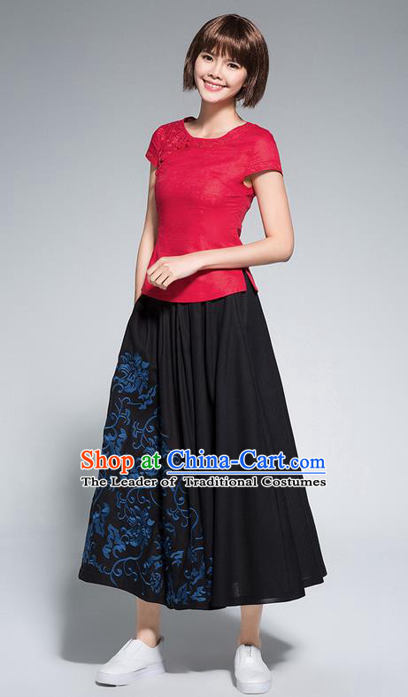 Traditional Ancient Chinese National Pleated Skirt Costume, Elegant Hanfu Embroidery Long Black Dress, China Tang Suit Linen Bust Skirt for Women