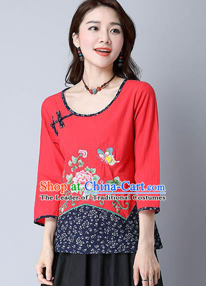 Traditional Chinese National Costume, Elegant Hanfu Embroidery Peony Flowers Red T-Shirt, China Tang Suit Republic of China Plated Button Chirpaur Blouse Cheong-sam Upper Outer Garment Qipao Shirts Clothing for Women