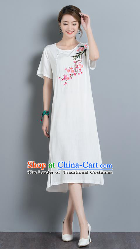 Traditional Ancient Chinese National Costume, Elegant Hanfu Mandarin Qipao Embroidery Peach Blossom White Dress, China Tang Suit Chirpaur Upper Outer Garment Elegant Dress Clothing for Women