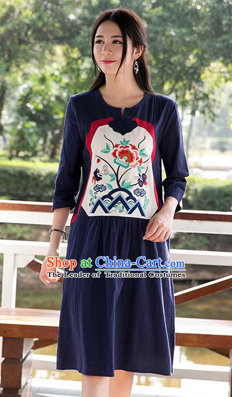 Traditional Ancient Chinese National Costume, Elegant Hanfu Patch Embroidery Navy Dress, China Tang Suit Chirpaur Upper Outer Garment Elegant Dress Clothing for Women