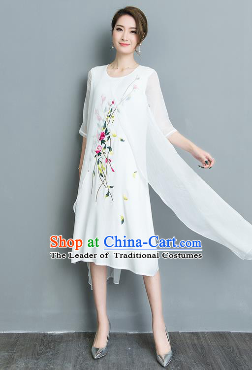 Traditional Ancient Chinese National Costume, Elegant Hanfu Mandarin Qipao Embroidery Double-deck White Silk Dress, China Tang Suit Upper Outer Garment Elegant Dress Clothing for Women