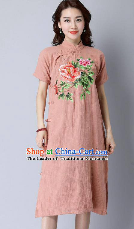 Traditional Ancient Chinese National Costume, Elegant Hanfu Stand Collar Mandarin Qipao Embroidery Slant Opening Light Tan Dress, China Tang Suit Cheongsam Upper Outer Garment Elegant Dress Clothing for Women