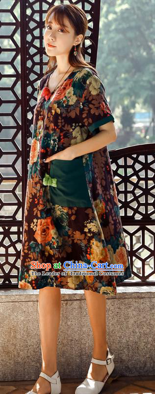 Traditional Ancient Chinese National Costume, Elegant Hanfu Mandarin Qipao Ink Painting Coffee Dress, China Tang Suit Chirpaur Upper Outer Garment Elegant Dress Clothing for Women
