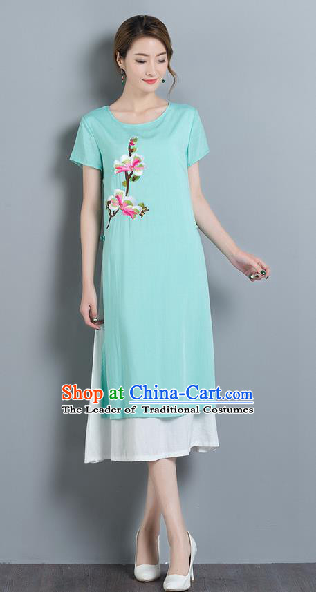 Traditional Ancient Chinese National Costume, Elegant Hanfu Mandarin Qipao Linen Embroidery Blue Dress, China Tang Suit Cheongsam Elegant Dress Clothing for Women