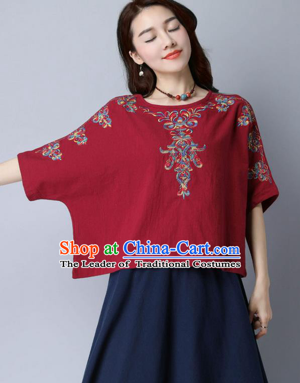 Traditional Chinese National Costume, Elegant Hanfu Embroidery Flowers Linen Red T-Shirt, China Tang Suit Blouse Cheong-sam Upper Outer Garment Qipao Shirts Clothing for Women