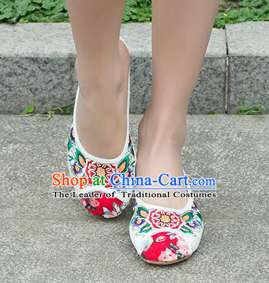 Traditional Chinese Shoes, China Handmade Embroidered Slippers White Shoes, Ancient Princess Linen Shoes for Women