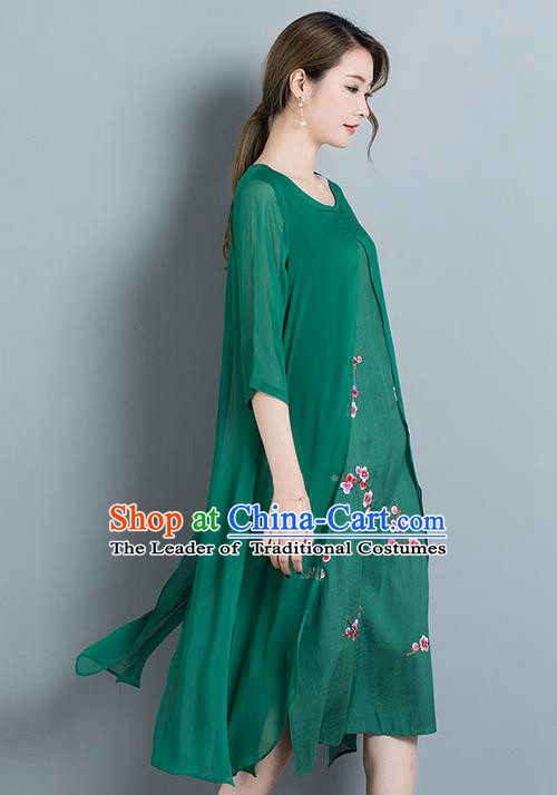 Traditional Ancient Chinese National Costume, Elegant Hanfu Mandarin Qipao Linen Embroidery Green Dress, China Tang Suit Chirpaur Elegant Dress Clothing for Women