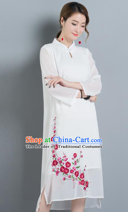 Traditional Ancient Chinese National Costume, Elegant Hanfu Stand Collar Embroidery White Dress, China Tang Suit Chirpaur Elegant Dress Clothing for Women