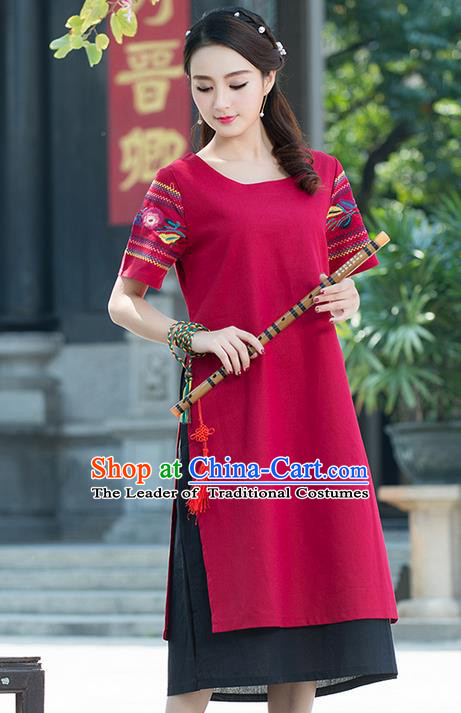 Traditional Ancient Chinese National Costume, Elegant Hanfu Mandarin Qipao Linen Embroidery Red Dress, China Tang Suit Chirpaur Elegant Dress Clothing for Women