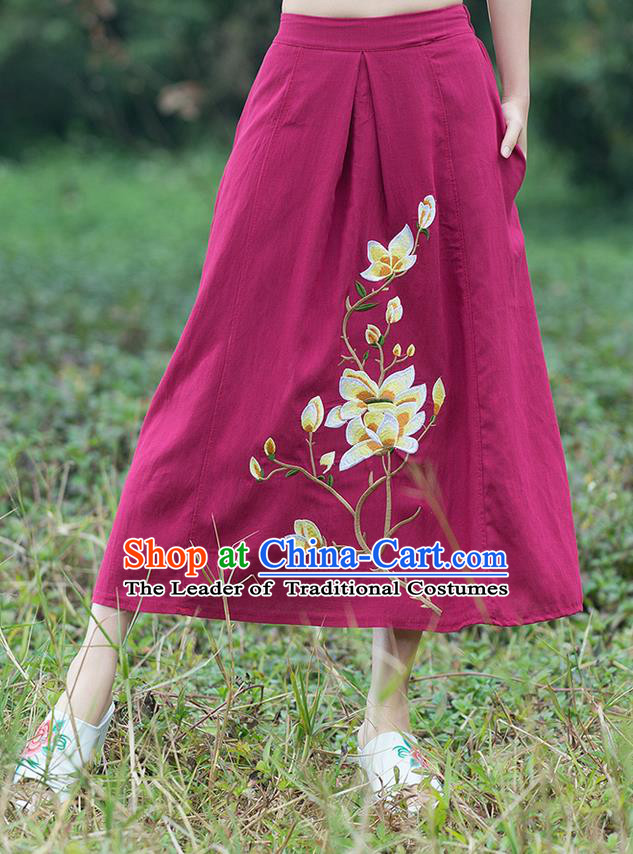 Traditional Ancient Chinese National Pleated Skirt Costume, Elegant Hanfu Linen Embroidery Long Red Dress, China Tang Suit Bust Skirt for Women