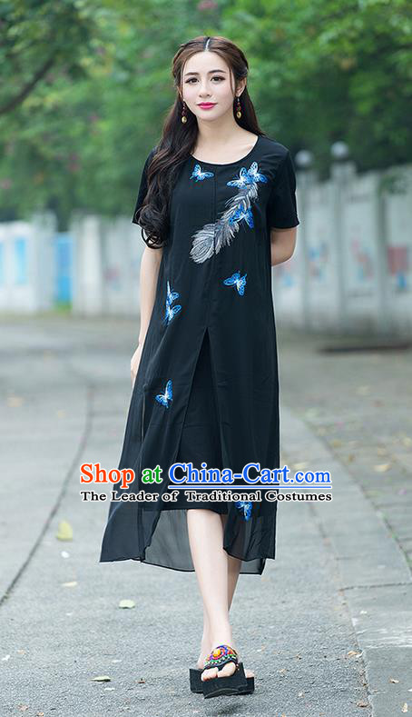 Traditional Ancient Chinese National Costume, Elegant Hanfu Embroidered Black Big Swing Dress, China Tang Suit Chirpaur Cheongsam Elegant Dress Clothing for Women