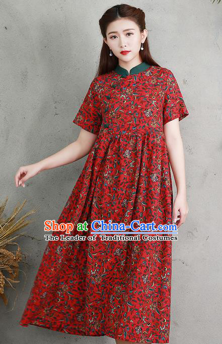 Traditional Ancient Chinese National Costume, Elegant Hanfu Printing Red Big Swing Dress, China Tang Suit Chirpaur Cheongsam Elegant Dress Clothing for Women