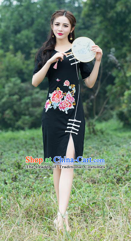 Traditional Ancient Chinese National Costume, Elegant Hanfu Mandarin Qipao Embroidered Black Dress, China Tang Suit Chirpaur Republic of China Cheongsam Elegant Dress Clothing for Women