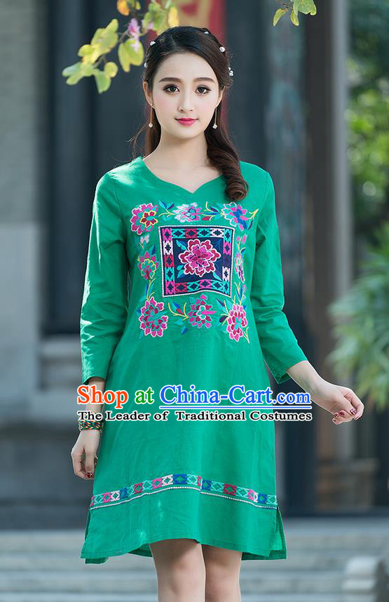 Traditional Ancient Chinese National Costume, Elegant Hanfu Mandarin Qipao Linen Embroidery Green Dress, China Tang Suit Chirpaur Elegant Dress Clothing for Women