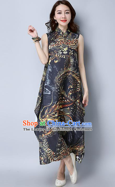 Traditional Ancient Chinese National Costume, Elegant Hanfu Mandarin Qipao Stand Collar Printing Dress, China Tang Suit Plated Buttons Chirpaur Elegant Dress Clothing for Women