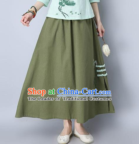 Traditional Ancient Chinese National Pleated Skirt Costume, Elegant Hanfu Embroidery Long Green Plated Buttons Dress, China Tang Suit National Minority Bust Skirt for Women