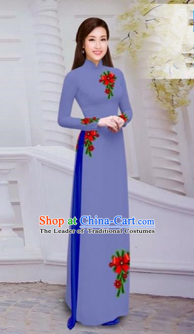 Top Grade Asian Vietnamese Traditional Dress, Vietnam Bride Ao Dai Hand Printing Flowers Dress, Vietnam Princess Purple Dress Cheongsam Clothing for Women