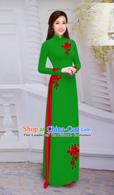 Top Grade Asian Vietnamese Traditional Dress, Vietnam Bride Ao Dai Hand Printing Flowers Dress, Vietnam Princess Green Dress Cheongsam Clothing for Women