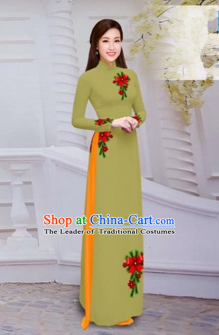 Top Grade Asian Vietnamese Traditional Dress, Vietnam Bride Ao Dai Hand Printing Flowers Dress, Vietnam Princess Olive Green Dress Cheongsam Clothing for Women