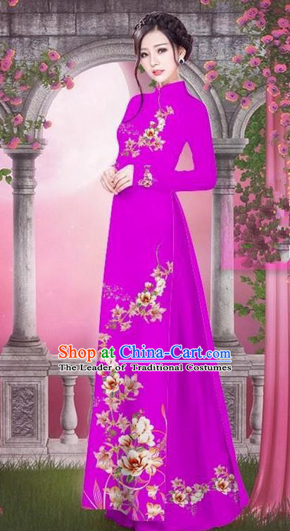 Top Grade Asian Vietnamese Traditional Dress, Vietnam Bride Ao Dai Printing Peach Blossom Flowers Dress, Vietnam Princess Rose Dress Cheongsam Clothing for Women
