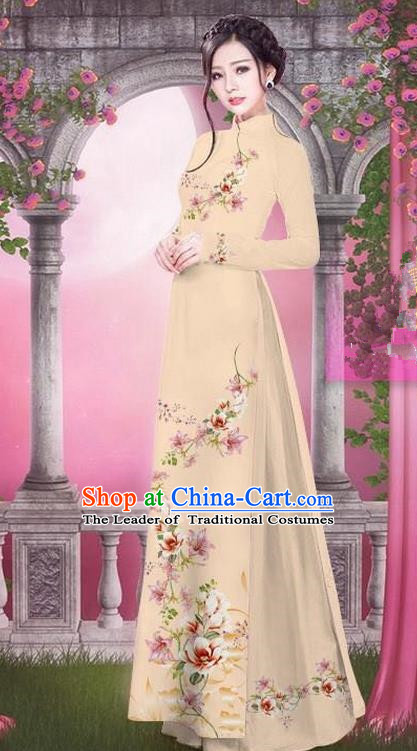 Top Grade Asian Vietnamese Traditional Dress, Vietnam Bride Ao Dai Printing Peach Blossom Flowers Dress, Vietnam Princess Khaki Dress Cheongsam Clothing for Women