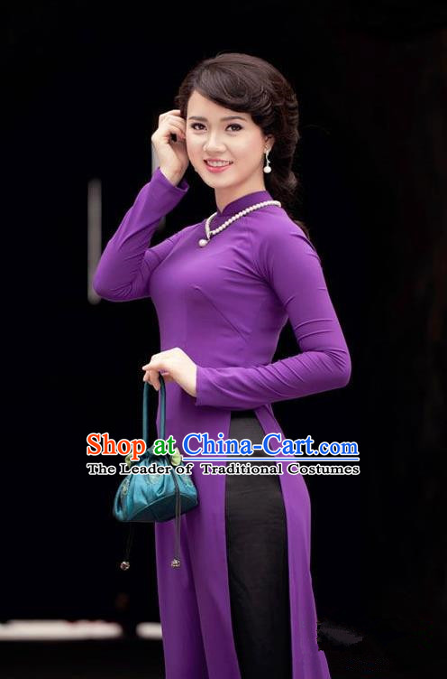 Top Grade Asian Vietnamese Traditional Dress, Vietnam National Dowager Ao Dai Dress, Vietnam Princess Purple Silk Dress and Pants Complete Set Cheongsam Clothing for Woman
