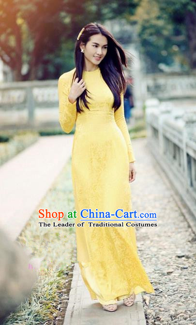 Top Grade Asian Vietnamese Traditional Dress, Vietnam National Dowager Ao Dai Dress, Vietnam Yellow Dress and Pants Complete Set Cheongsam Clothing for Woman