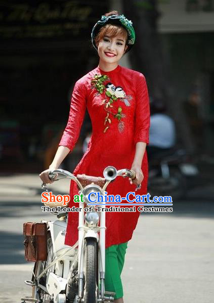Top Grade Asian Vietnamese Traditional Dress, Vietnam National Female Ao Dai Dress, Vietnam Princess Red Cheongsam and Pants Wedding Clothing for Women