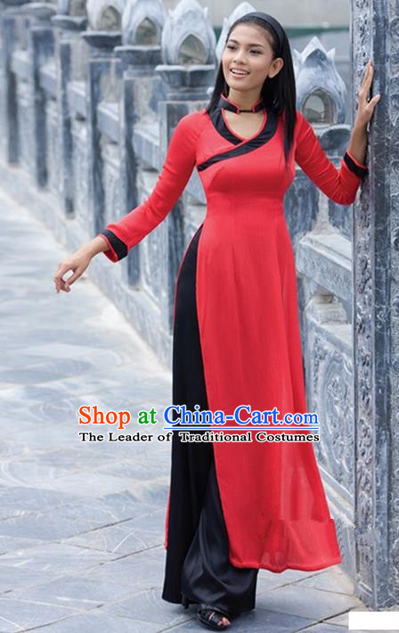 Top Grade Asian Vietnamese Traditional Dress, Vietnam National Young Lady Ao Dai Dress, Vietnam Bride Red Cheongsam and Pants Clothing Complete Set for Women