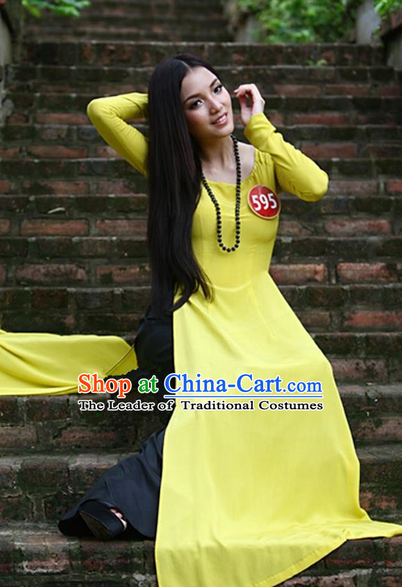 Top Grade Asian Vietnamese Traditional Dress, Vietnam National Young Lady Ao Dai Dress, Vietnam Bride Yellow Cheongsam and Pants Complete Set for Women