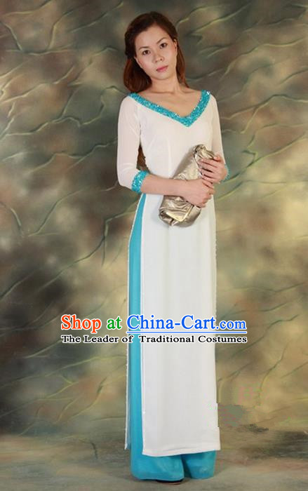 Top Grade Asian Vietnamese Traditional Dress, Vietnam National Young Lady Ao Dai Dress, Vietnam Queen White Cheongsam and Pants Complete Set for Women