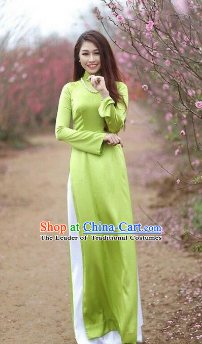 Top Grade Asian Vietnamese Traditional Dress, Vietnam National Young Lady Ao Dai Dress, Vietnam Princess Green Cheongsam Dress and Pants for Women