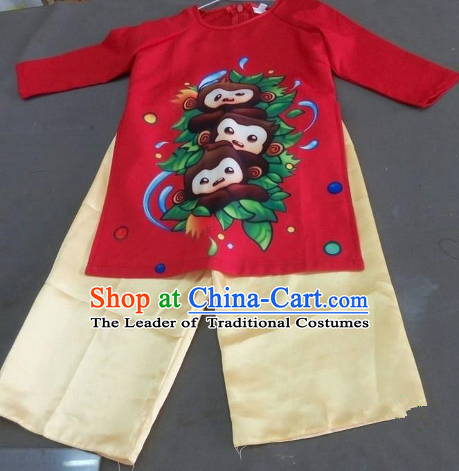 Top Grade Asian Vietnamese Traditional Monkey Costume, Vietnam National Boys Ao Dai Dress and Pants, Vietnam Children Clothing Complete Set