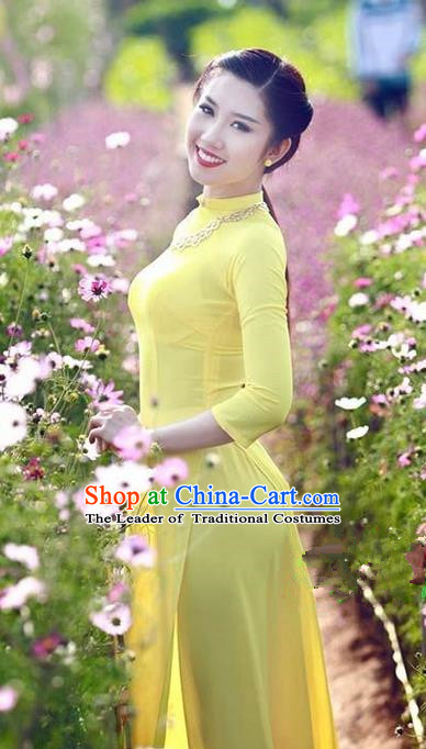 Top Grade Asian Vietnamese Traditional Dress, Vietnam National Dowager Ao Dai Dress, Vietnam Yellow Cheongsam and Pants Clothing for Woman