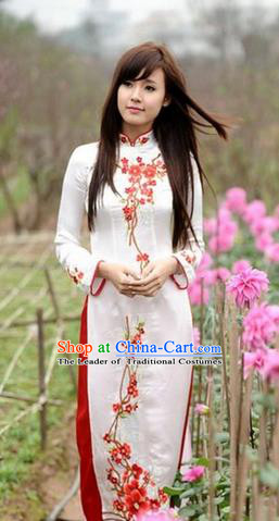 Top Grade Asian Vietnamese Traditional Dress, Vietnam National Farmwife Ao Dai Dress, Vietnam White Embroidered Ao Dai Cheongsam Dress Clothing for Woman