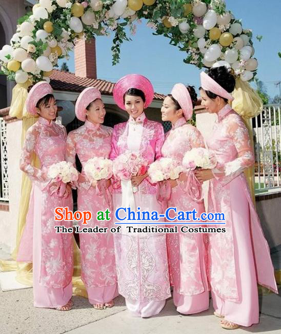 Top Grade Asian Vietnamese Traditional Dress, Vietnam National Princess Ao Dai Dress, Vietnam Bride Pink Ao Dai Cheongsam Dress Clothing for Woman