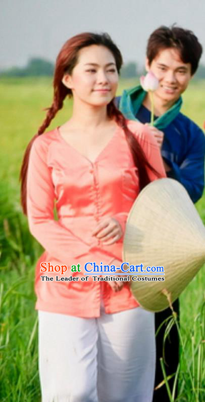 Top Grade Asian Vietnamese Traditional Dress, Vietnam National Farmwife Ao Dai Dress, Vietnam Rose Ao Dai Blouse and Pants for Woman
