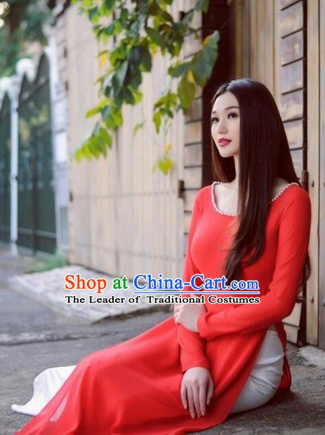 Top Grade Asian Vietnamese Traditional Dress, Vietnam National Farmwife Ao Dai Dress, Vietnam Red Ao Dai Cheongsam Dress for Woman