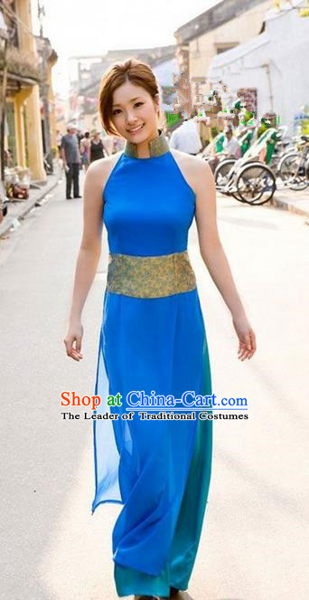 Top Grade Asian Vietnamese Traditional Dress, Vietnam National Farmwife Ao Dai Dress, Vietnam Blue Ao Dai Cheongsam Full Dress for Woman