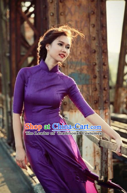 Top Grade Asian Vietnamese Traditional Dress, Vietnam National Princess Ao Dai Dress, Vietnam Purple Ao Dai Cheongsam Dress Clothing for Woman