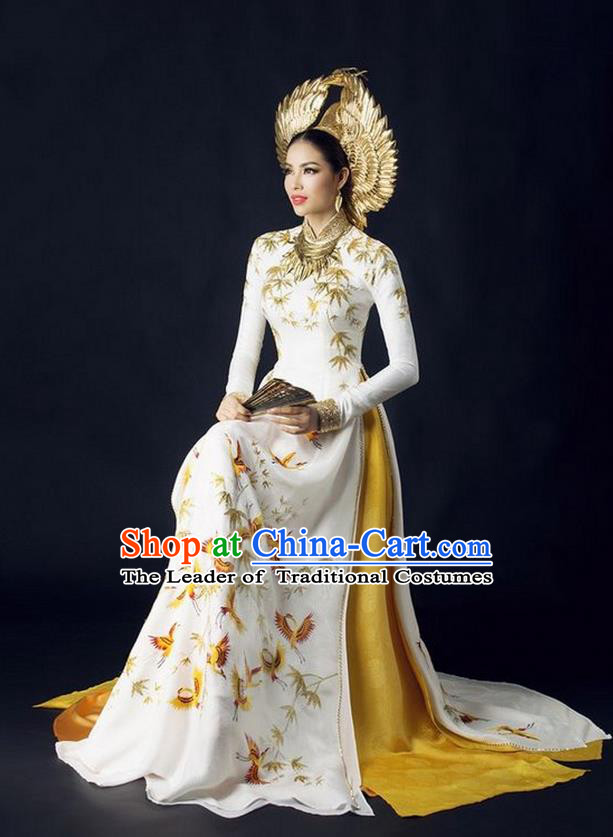 Top Grade Asian Vietnamese Traditional Dress, Vietnam National Queen Ao Dai Dress, Vietnam Palace Royal Empress White Ao Dai Cheongsam Dress Clothing for Woman