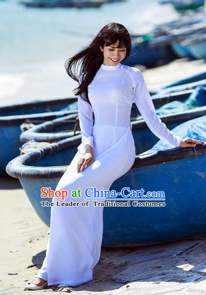 Traditional Top Grade Asian Vietnamese Dress, Vietnam National Female Ao Dai Dress Women White Cheongsam and Pants Clothing Complete Set