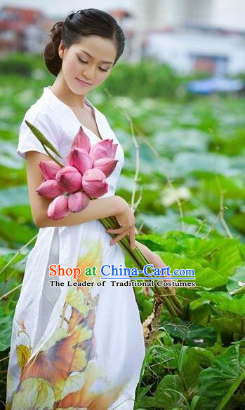 Traditional Top Grade Asian Vietnamese Dress, Vietnam National Female Ao Dai Dress Women Printing Lotus Ao Dai Cheongsam Clothing